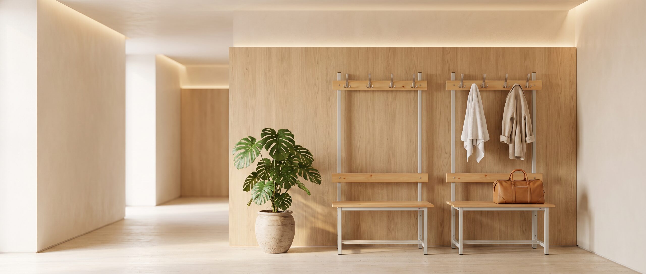 Bancos de vestuario de madera con respaldo y perchero