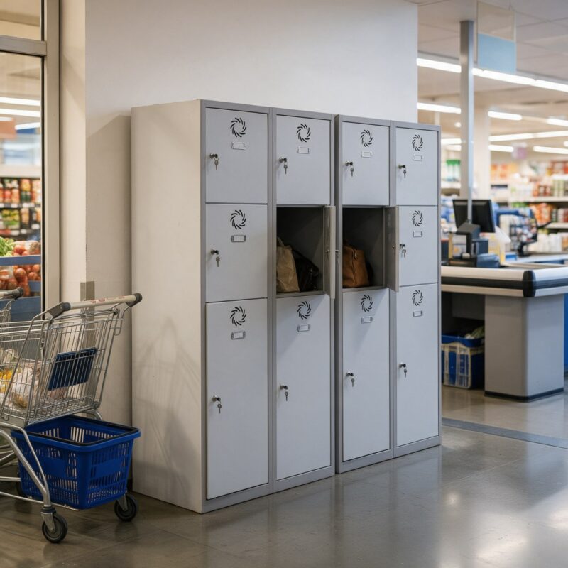 Consignas metálicas para bolsos en la entrada de un supermercado Consignas metálicas para bolsos junto a las cajas de un supermercado