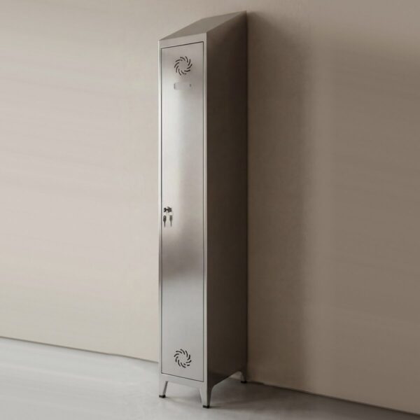 Taquilla de acero inoxidable de 1 puerta con tejadillo inclinado, ventilación y cerradura de llave