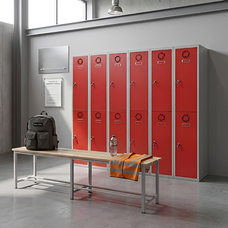 Taquillas metálicas rojas de 2 puertas en vestuario industrial Taquillas metálicas rojas de 2 puertas por columna en el vestuario de una nave industrial