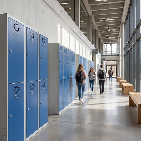 Taquillas metálicas en el pasillo de un instituto Taquillas metálicas azules en el pasillo de un instituto con estudiantes